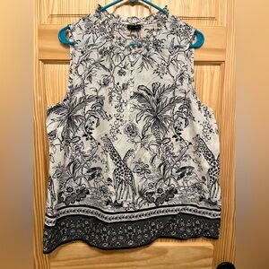 Talbots Women's Size XL, 100% Woven Cotton Sleeveless Top, Black/White Jungle